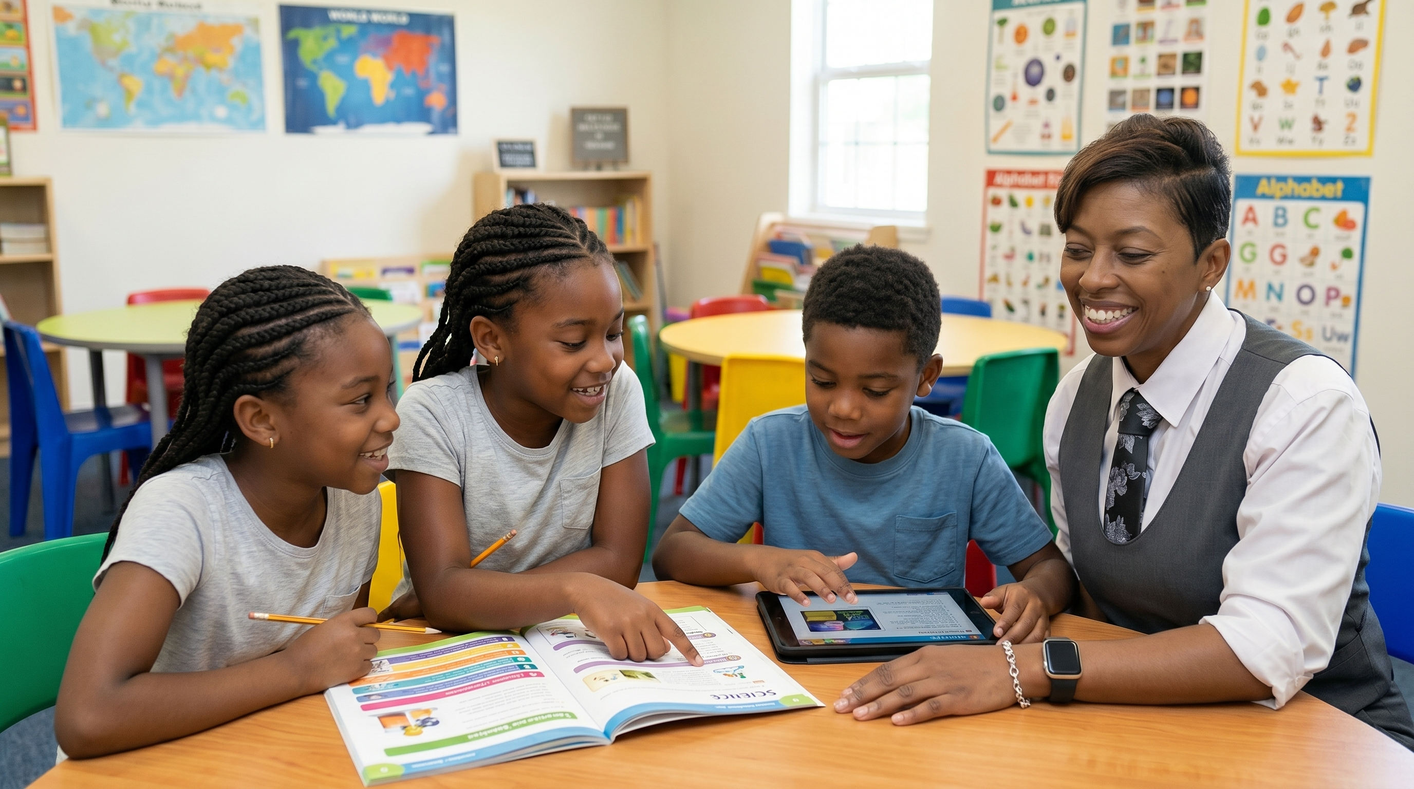 Teacher actively tutoring middle school students